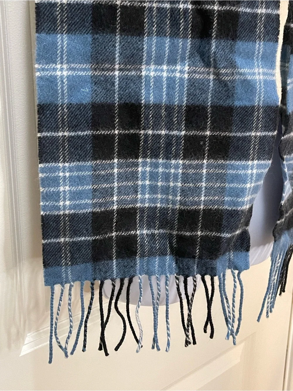 Lambswool Scarf Scotland Blue and Black Plaid Fringe